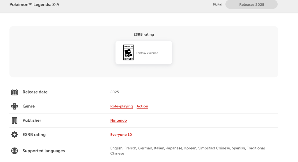 esrb leggende pokémon: z-a